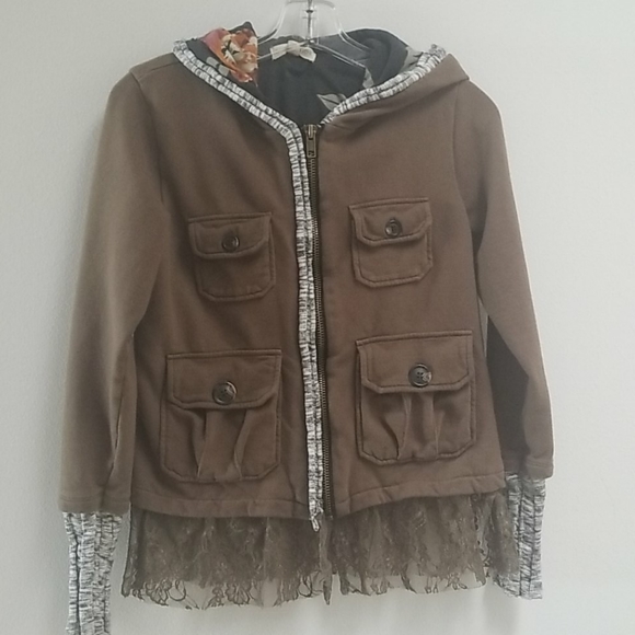 Anthropologie Olive Green Hooded Jacket With Lace Trim! - Picture 4 of 8